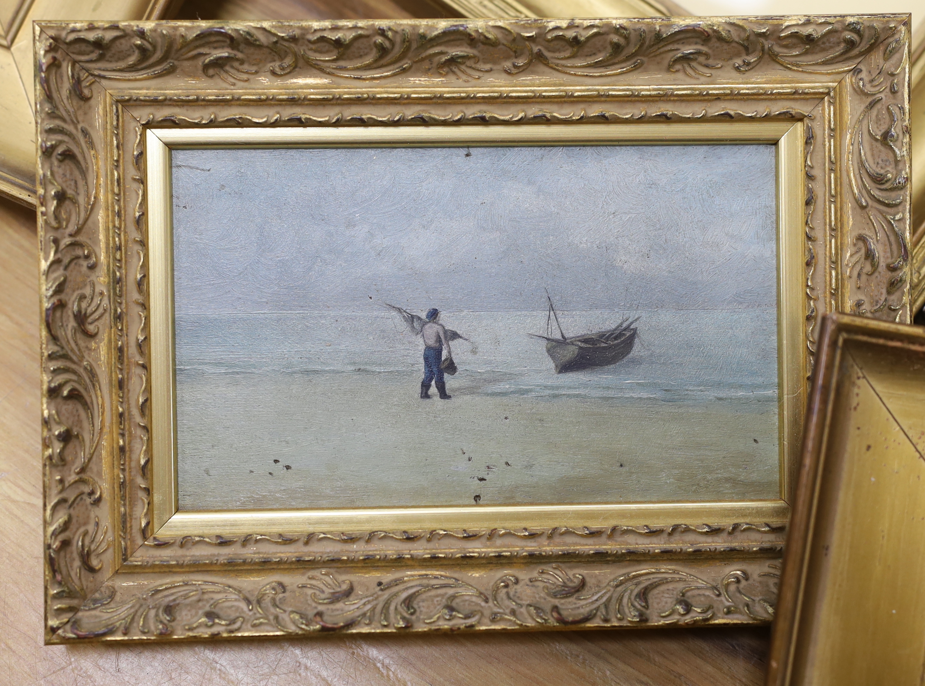 Lawrence Van Ackerman, pair of oils, Moonlit river landscapes, together with a pair of Grand Tour watercolours, a small oil on board, Coastal view and a print of a lady, largest 10 x 15cm (6)